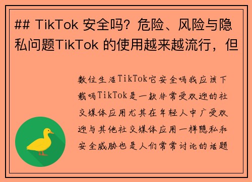 ## TikTok 安全吗？危险、风险与隐私问题TikTok 的使用越来越流行，但随之而来的安全